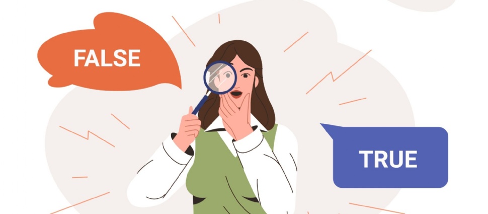 Girl holding magnifying glass up to her eye and 2 speech bubbles saying true and false